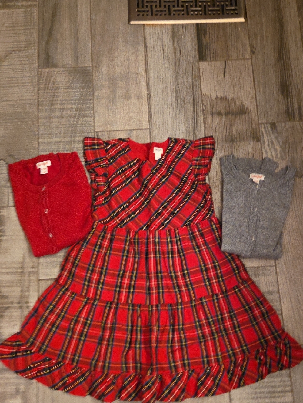 Crewcuts Red Plaid Tiered Ruffle Dress With 2 Cardigan Sweatees